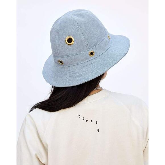 CLARE V Light Denim Bucket hat Women XS Small Light Blue Herringbone Grommet NEW main image 11